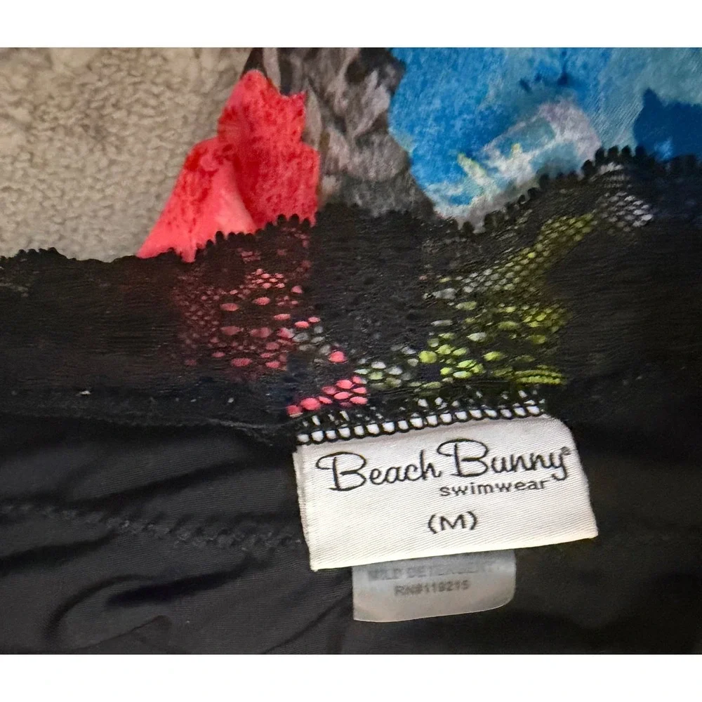 Beach Bunny Swimwear Floral Lace Waist Bikini Bottom Neon Black Medium Ruched M